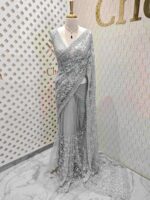 Net saree with beads, sequence snow flakes like design and scallop border - Image 4