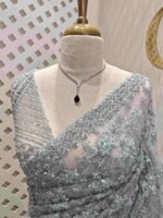 Net saree with beads, sequence snow flakes like design and scallop border - Image 3