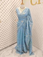 Crushed organza with floral and veiny jaal design and scallop border - Image 10