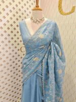 Crushed organza with floral and veiny jaal design and scallop border - Image 8