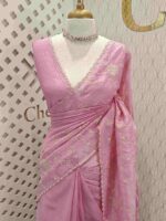 Crushed organza with floral and veiny jaal design and scallop border