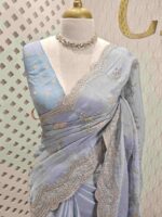 Organza with applique floral jaal design and scallop border - Image 5