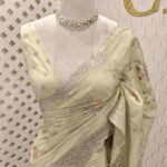 Organza with applique floral jaal design and scallop border