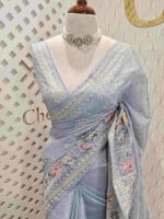 Organza with multicolur satin thread floral, bird and butterfly design on border - Image 8