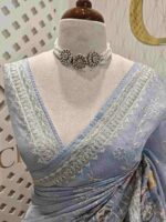 Organza with multicolur satin thread floral, bird and butterfly design on border - Image 9