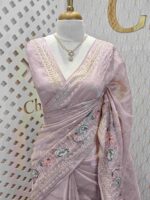 Organza with multicolur satin thread floral, bird and butterfly design on border - Image 5