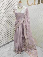 Organza with multicolur satin thread floral, bird and butterfly design on border - Image 11