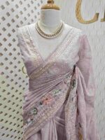 Organza with multicolur satin thread floral, bird and butterfly design on border - Image 13