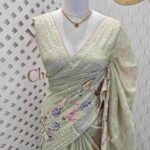 Organza with multicolur satin thread floral, bird and butterfly design on border
