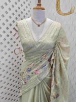 Organza with multicolur satin thread floral, bird and butterfly design on border