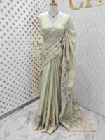 Organza with multicolur satin thread floral, bird and butterfly design on border - Image 4