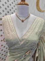 Organza with multicolur satin thread floral, bird and butterfly design on border - Image 3
