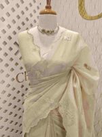 Organza with flowers leaf and flamingo embroidery thread work and scallop border