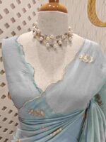 Organza with flowers leaf and flamingo embroidery thread work and scallop border - Image 6