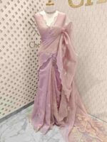 Organza with flowers leaf and flamingo embroidery thread work and scallop border - Image 10