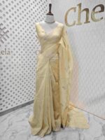 Organza with flowers leaf and flamingo embroidery thread work and scallop border - Image 13