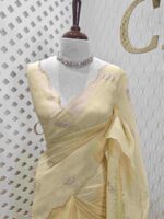 Organza with flowers leaf and flamingo embroidery thread work and scallop border - Image 11