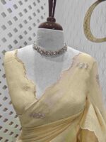 Organza with flowers leaf and flamingo embroidery thread work and scallop border - Image 12