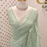 Organza with lotus flower like satin thread work and scallop border