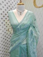 Organza with florals and leafy applique embroidery work - Image 14