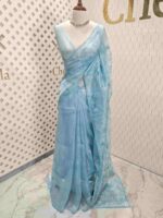 Organza with florals and leafy applique embroidery work - Image 17
