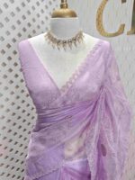 Organza with florals and leafy applique embroidery work - Image 21