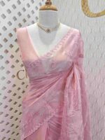 Organza with florals and leafy applique embroidery work - Image 8