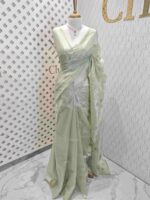 Organza with florals and leafy applique embroidery work - Image 4