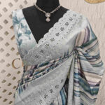 Semi tussar with diagonal painting brush strokes like digital print and cut work border