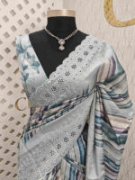 Semi tussar with diagonal painting brush strokes like digital print and cut work border