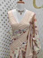 Semi tussar with multiflowers digital print and cut work border - Image 8