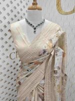 Semi tussar with multiflowers digital print and cut work border - Image 14