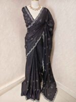 Crushed silk with cut bead and stone work designs and scallop border - Image 43
