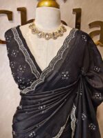 Crushed silk with cut bead and stone work designs and scallop border - Image 41