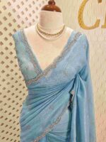 Crushed silk with cut bead and stone work designs and scallop border - Image 26