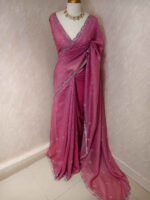 Crushed silk with cut bead and stone work designs and scallop border - Image 37