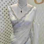 Crushed silk with cut bead and stone work designs and scallop border