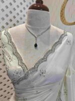 Crushed silk with cut bead and stone work designs and scallop border - Image 3