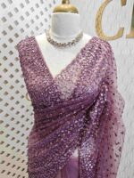 Net saree with sequence, stones small floral pattern and scallop border - Image 11