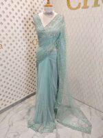 Net saree with sequence, stones small floral pattern and scallop border - Image 19