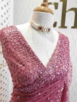 Net saree with sequence, stones small floral pattern and scallop border - Image 5