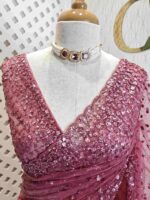 Net saree with sequence, stones small floral pattern and scallop border - Image 6