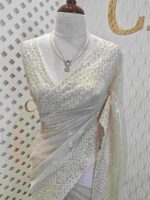 Tissue organza with oval shape thread and sequence work on border - Image 8