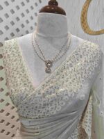 Tissue organza with oval shape thread and sequence work on border - Image 9