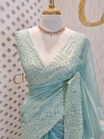 Tissue organza with oval shape thread and sequence work on border