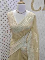 Tissue organza with oval shape thread and sequence work on border - Image 5