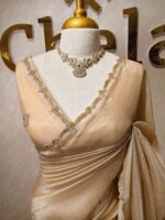 Crushed silk with floral beads motifs and scallop border - Image 37