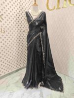 Crushed silk with floral beads motifs and scallop border - Image 9