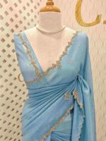 Crushed silk with floral beads motifs and scallop border - Image 10