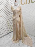 Crushed silk with floral beads motifs and scallop border - Image 6